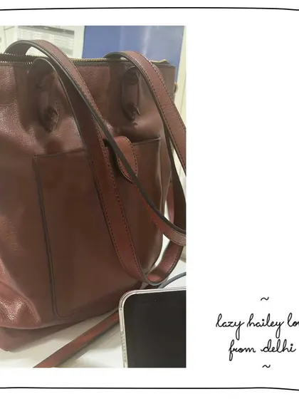 Kadambari's Lazy Hailey tote keeping her company at work in Delhi. The Cinnamon leather is a rich, warm tan that ages beautifully over time.