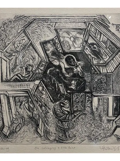 'On salvaging a little bit', a detailed etching by Gulammohammed Sheikh. His retrospective included a wide range of graphic prints, showcasing his mastery across different techniques.