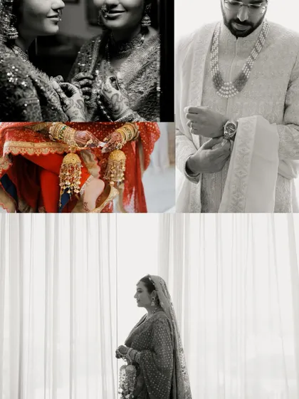 A collection of black and white detail shots from a Sikh wedding, focusing on the bride's kalire, a mother's touch, and the groom adjusting his watch and sherwani.