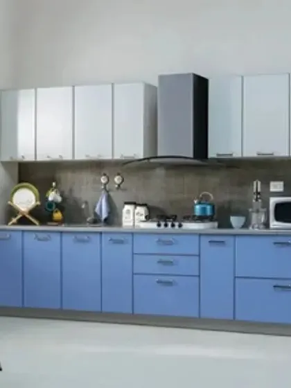 A straight-line modular kitchen in a striking blue and white combination, perfect for smaller homes or apartments.