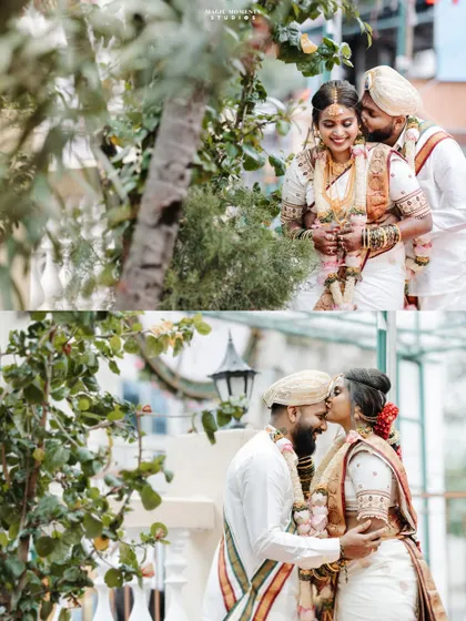 A collage of romantic moments between Sumitha and Navjyoth on their wedding day. The outdoor setting provides beautiful natural light for these couple portraits.
