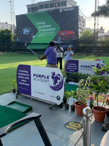 The setup at the driving range for the Purple Academy launch event, ready to welcome a new generation of golfers.