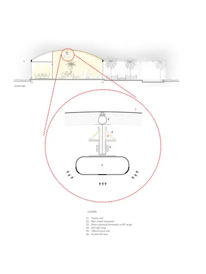 A detailed drawing of the custom central AC duct and lighting fixture at Brigade Oasis. This shows our focus on integrating services cleanly into the architectural design, inspired by the work of Louis Kahn.