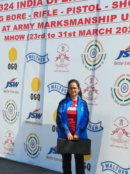 Our talented shooter, Dr. Sarika Raga, at the India Open Shooting Championship, where she won a Silver Medal in the ISSF Pistol Masters Category.