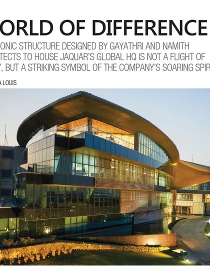 The cover story from a 2017 issue of Architect & Interiors India, featuring our iconic design for the Jaquar Global HQ. The article describes the building as a "striking symbol of the company's soaring spirit."