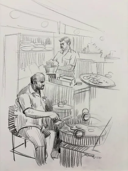 A sketch of cooks at a food stall, capturing a busy kitchen scene.