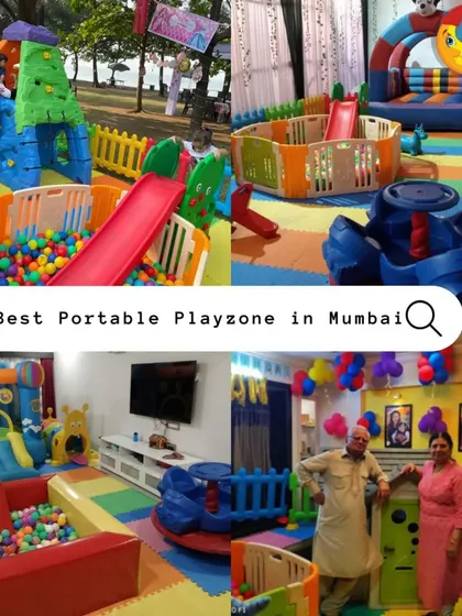 Searching for the best portable playzone in Mumbai? This collage shows four different setups, including an outdoor climbing wall, an indoor ball pit, and a family enjoying the play area.