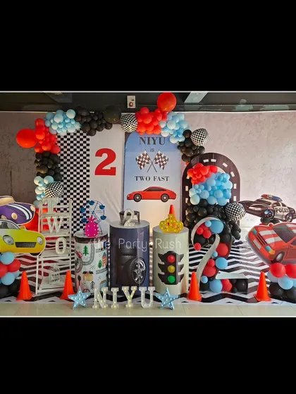 A full view of the 'Two Fast' racing party, showcasing all the elements that come together to create a cohesive and exciting theme.