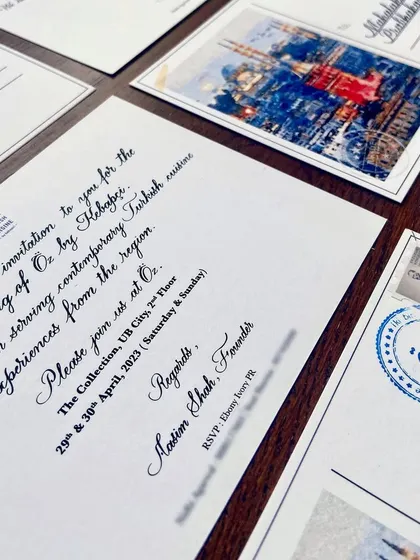 For the grand launch of Öz Kebapci, I created these detailed Türkiye-themed postcard invitations. Each one was custom stamped and personally addressed in copperplate calligraphy to evoke a sense of travel and authenticity.
