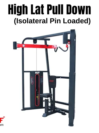 A side view of the High Lat Pulldown machine, illustrating its vertical footprint.