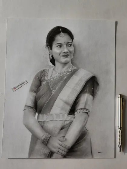 A finished portrait of a woman in a saree, showcasing the detailed fabric and her graceful pose.