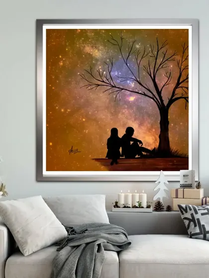 A romantic silhouette of a couple under a tree, set against a starry galaxy sky. This digital painting is all about love and cosmic connection, perfect for a special gift.