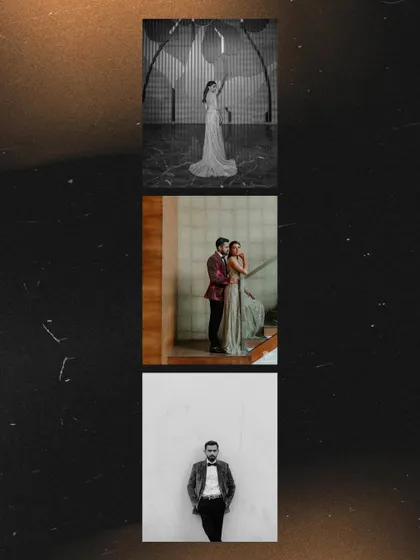 A collage of stylish moments from a Sangeet night. The black and white images create a timeless, cinematic feel, capturing the elegance and energy of the event.
