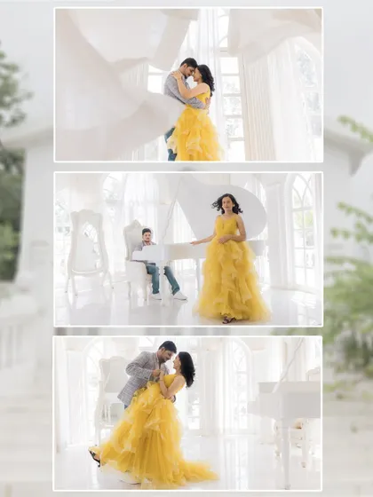 A series of romantic moments in a beautiful, all-white room featuring a grand piano. This set is perfect for creating elegant and timeless pre-wedding photographs.