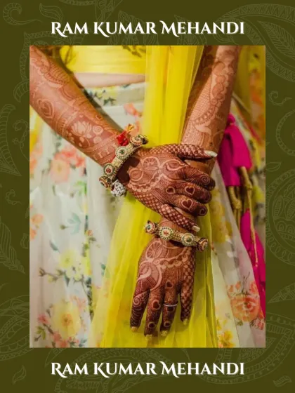 A close-up of a bride's hands, showcasing the rich stain of our natural henna against her beautiful floral outfit.