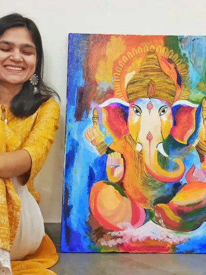A joyful moment with the completed abstract Ganesha. The support from friends who commission art is what helps small businesses like mine thrive.