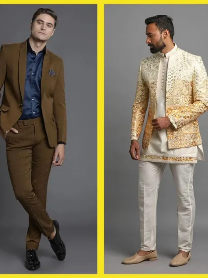 A brown suit and a golden embroidered Indo-Western kurta set. Our pre-loved collection offers a wide range of styles for every taste.