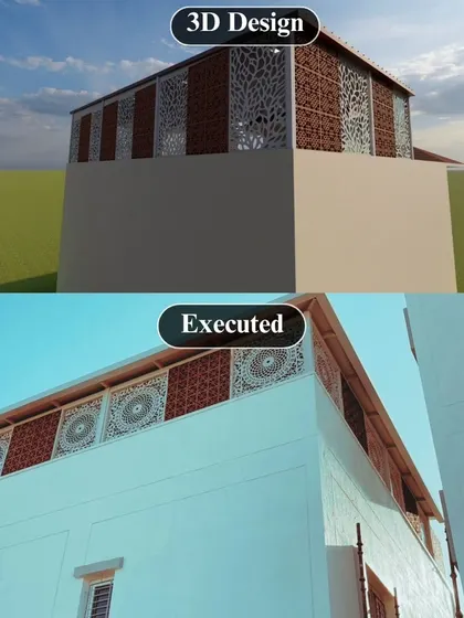 The exterior view of a terrace structure, showing how the combination of CNC panels and jali bricks in the 3D design was perfectly replicated in the final construction.