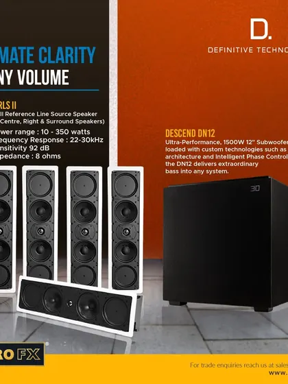 This home theater package combines Definitive Technology's UIW RLS II in-wall speakers with the powerful Descend DN12 subwoofer. The result is ultimate clarity at any volume, with seamless placement that keeps your room looking clean and uncluttered.