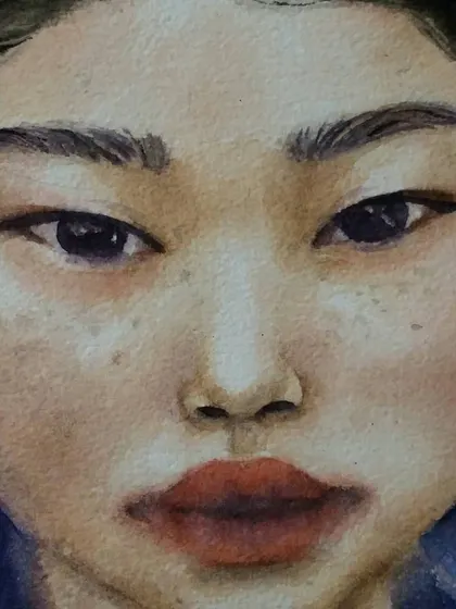 A close-up of the previous portrait, showing the fine details in the eyes and the delicate freckles I painted across the nose and cheeks.