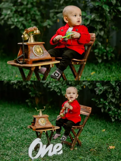 A two-photo collage of a baby boy in a bright red jacket posing for his first birthday pictures with a vintage telephone.