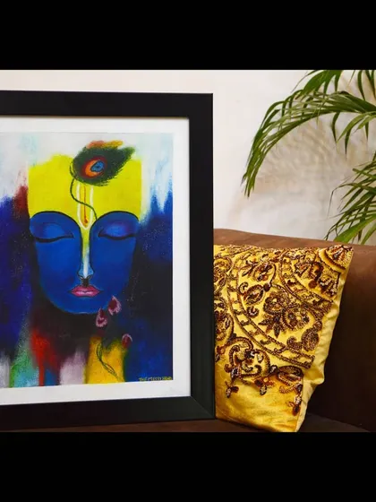 Here is the 'Meditating Krishna' soft pastel portrait, framed and ready to bring a sense of peace to a new home. Seeing my art in a living space shows how it can transform an environment.