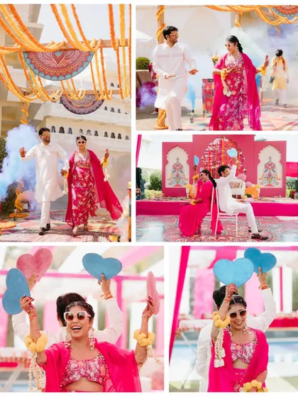 A collage of a vibrant Mehendi or Haldi event, with the couple making a grand entry with smoke bombs and posing with fun props.