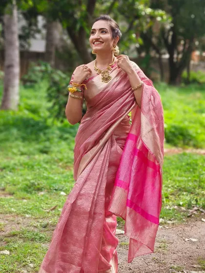 The joy and elegance of wearing a saree. This pink ensemble on Vaishnavi is perfect for a summer event.