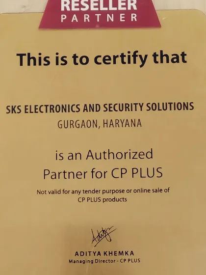 This certificate confirms that SKS Electronics and Security Solutions is an Authorized Reseller Partner for CP PLUS. This official recognition ensures you get authentic products and proper support.