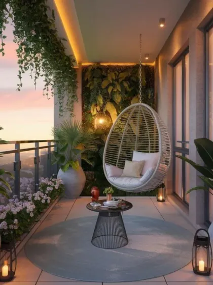 We transformed this high-rise balcony into a serene sky-high garden. Featuring a comfortable swing chair, lush vertical gardens, and large potted plants, it's the perfect urban oasis. The ambient lighting from lanterns and hidden LEDs creates a magical atmosphere for evening relaxation.