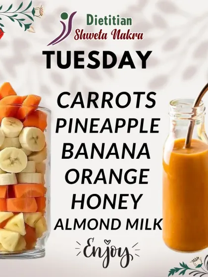 For a mid-week boost, try this Tuesday smoothie made with carrots, pineapple, banana, and orange. It's packed with vitamins and natural sweetness to keep you going.