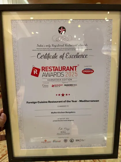 We are honored to be recognized as the 'Foreign Cuisine Restaurant of the Year - Mediterranean' by the Restaurant Awards 2025. This award is a testament to our dedication to authentic flavor and culinary excellence.