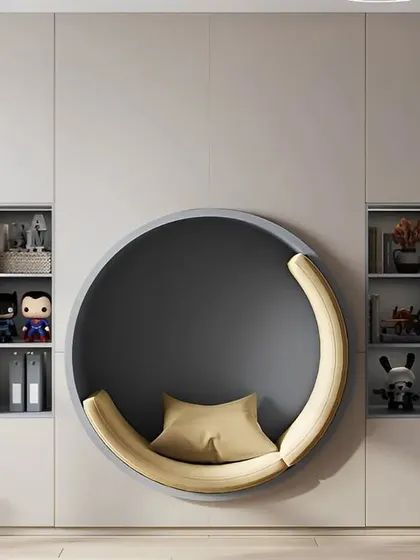 A modern and playful room featuring a unique circular reading nook built directly into the wardrobe. This innovative design provides a cozy personal space while offering ample storage with fun graphic details.