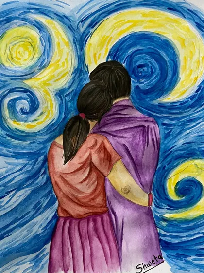 A full view of the couple's portrait inspired by Van Gogh's 'The Starry Night'.