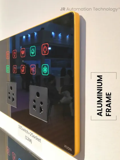Our smart panels are also available with a robust aluminum frame. This 12M Xeon panel with a yellow-gold frame adds a pop of color and a premium feel, housing 10 switches and 2 sockets.