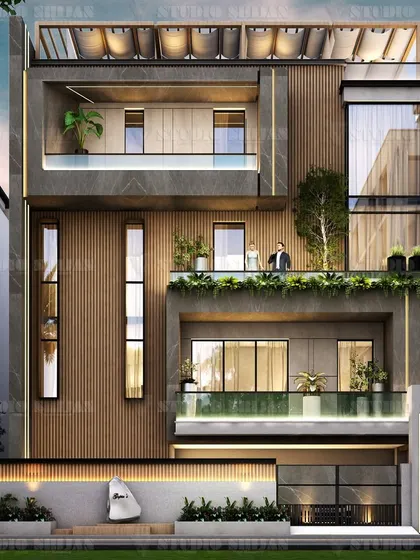 A direct front elevation of the Shalimar Bagh project, emphasizing the vertical lines and the integration of greenery on the balconies.