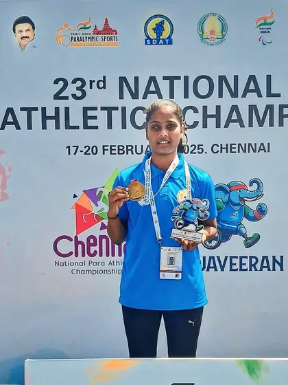 A close-up of our para-athlete Gangavva with her gold medal and trophy at the National Para Athletics Championship in Chennai.