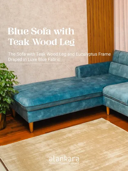 The blue sectional sofa with its chaise lounge, presented as a complete and luxurious seating solution for a modern living room.