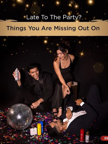 A fun, celebratory shot for The Man Company's "Great Grooming Gala" campaign, featuring models amidst confetti and products.