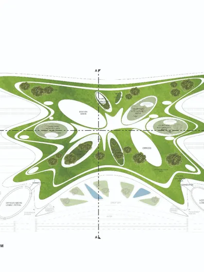 The roof plan of the station, showcasing the extensive green roof and the organically shaped skylights that allow light to penetrate deep into the building.
