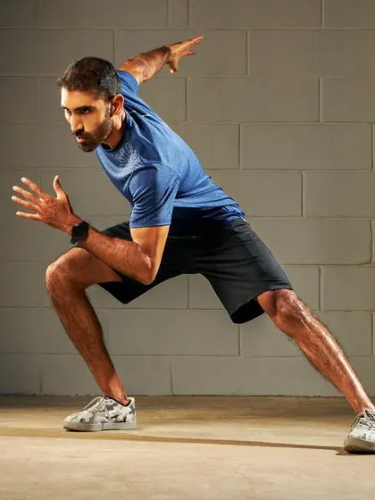 These are professional shots from a shoot, but they capture the essence of my training. Dynamic movements like plank shoulder taps, side lunges, and high knees are staples in my functional fitness programs.