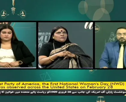 A shot from the panel on DD Urdu, discussing the history and importance of National Woman's Day and its connection to the ongoing fight for women's rights.