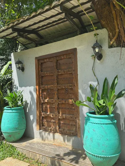 A duplicate image showing the beautiful contrast between the teal planters and the white wall.