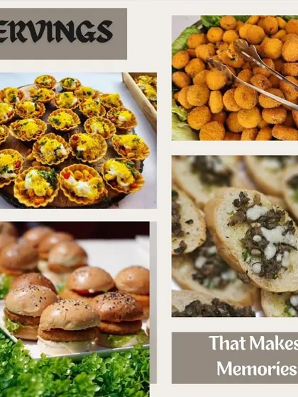 A collage showcasing some of our memorable servings, including chaat tarts, mini burgers, and mushroom bruschetta.
