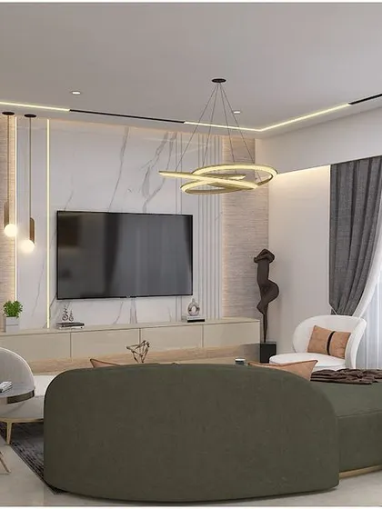 A minimalist living room concept with a marble TV wall and a sleek, curved sofa.