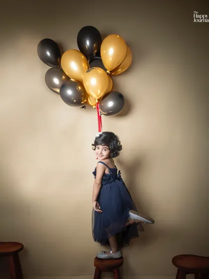 A little girl in a beautiful navy dress is lifted by a bunch of balloons. A whimsical and creative shot that captures the magic of childhood.