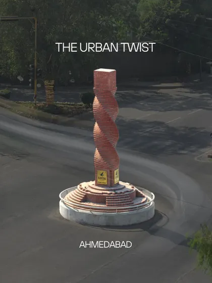 **The Urban Twist, Ahmedabad:** This title image introduces the twisted brick column, a new urban marker we designed. It is more than a sculpture; it is a symbol of Ahmedabad's dynamic evolution, rooted in its deep architectural heritage of brick.