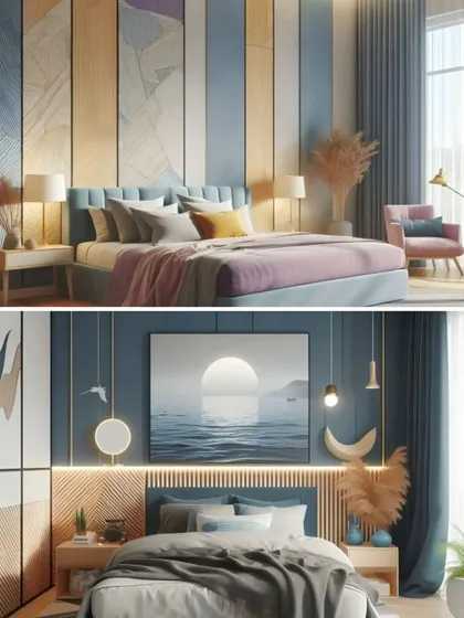 Two bedroom designs showcasing our use of color and texture. The top design features a pastel palette with a paneled wood wall, while the bottom one has a calming blue theme with a large art piece.