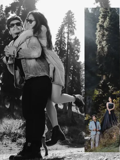 A creative collage blending a black and white photo with a color photo from the same mountain shoot, creating an artistic and dynamic layout.