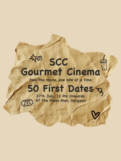 A doodle-adorned graphic announcing our 50 First Dates screening. The hand-drawn, scrapbook feel adds a personal and charming touch, inviting guests to feel the movie, one bite at a time.